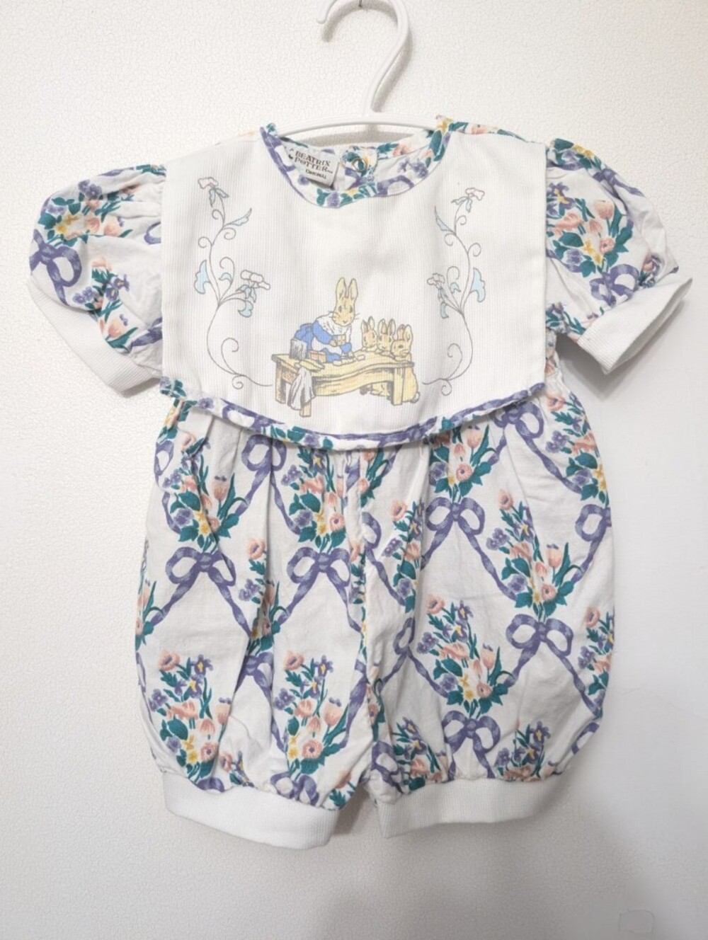 Beatrix Potter Original Floral Ribbon Baby Romper with Pierre Rabbit 12 M